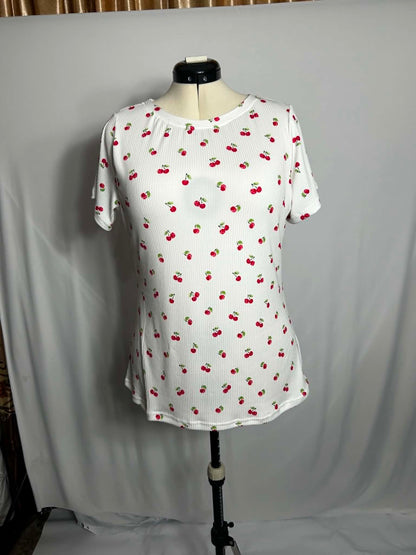 Women’s White Ribbed Heart Print Short Sleeve Top