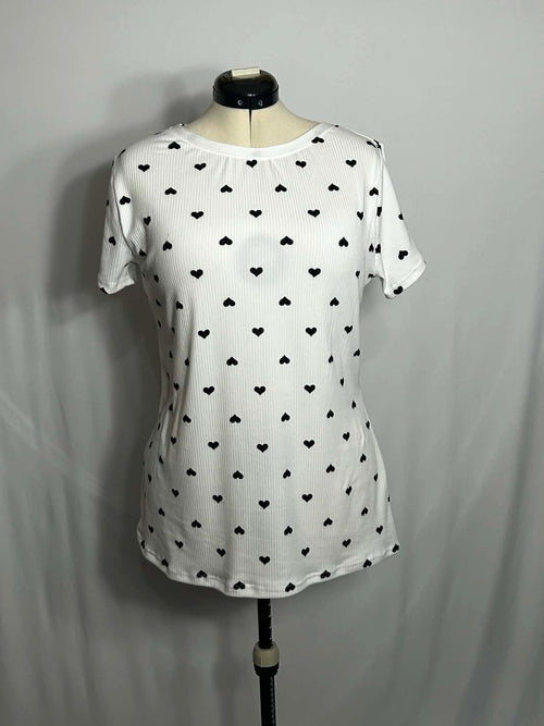 Women’s White Ribbed Heart Print Short Sleeve Top