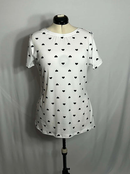 Women’s White Ribbed Heart Print Short Sleeve Top