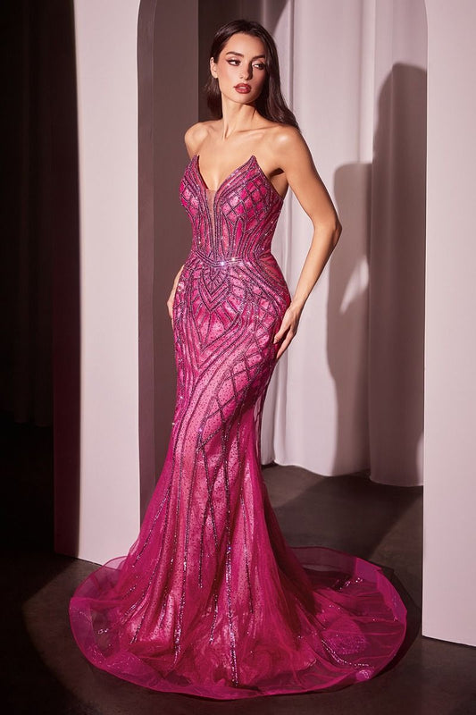 Strapless Crystals Embellished Mermaid Gown w/ Lace Up Back & V-Neckline CC6018